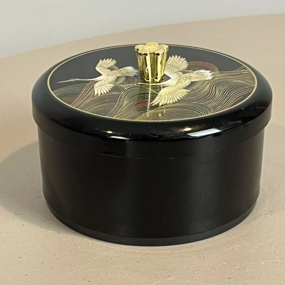 Vintage Japanese Round Trinket Powder Box Black Heron Birds